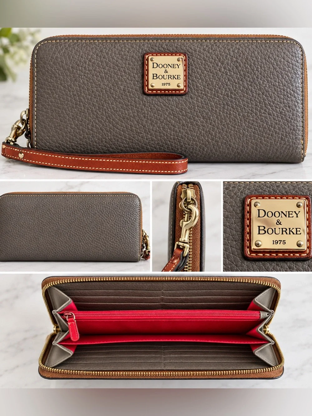 Dooney & Bourke Pebble Grain Leather Zip Around Wristlet Wallet Gray/Taupe